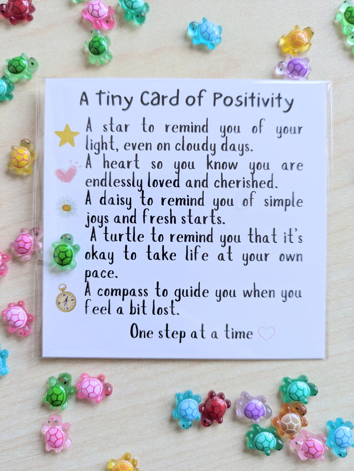 Tiny Card of Positivity with Turtle Figurine - Encouragement, Friendship, Motivational Gift, Cute Mini Card, Personalized Note Option
