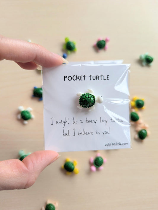 Mini 'Pocket Turtle' Card with Tiny Turtle Figurine – 2.6" Motivational Greeting on 15PT Cardstock – Random Color – Cute Friendship Gift