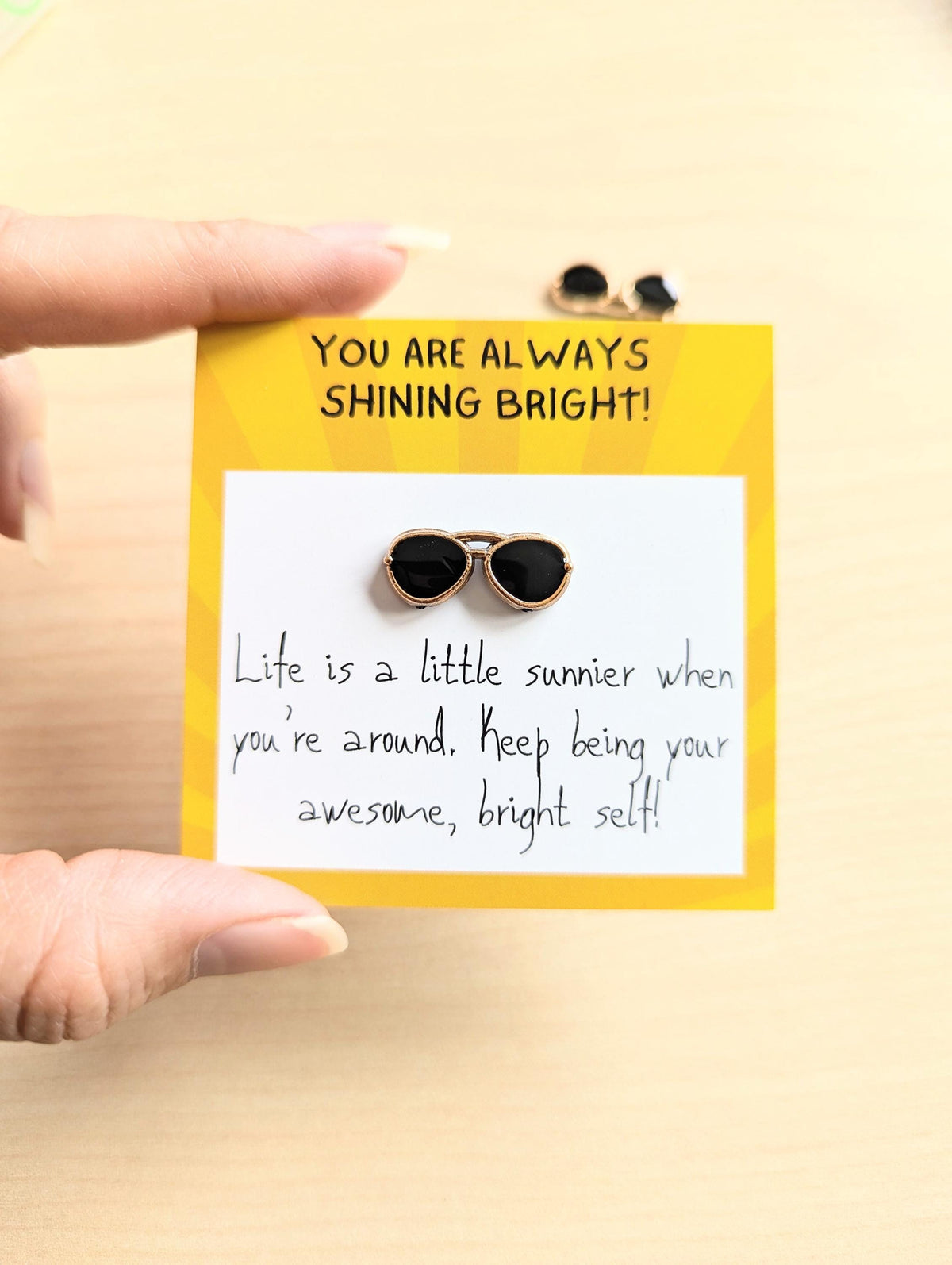 Shine Bright mini note – Uplifting Mini Card with Sunglasses Figurine – Encouragement Gift, Just Because, Motivational. Pocket note, cheer.