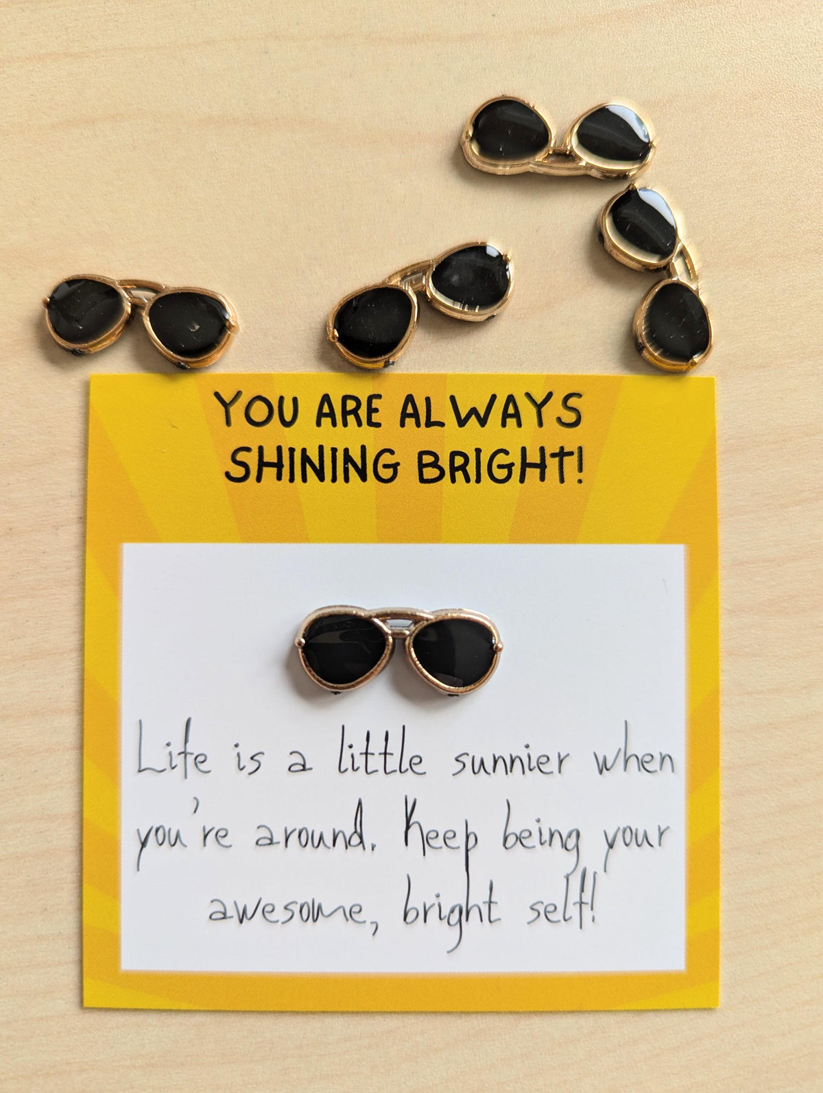 Shine Bright mini note – Uplifting Mini Card with Sunglasses Figurine – Encouragement Gift, Just Because, Motivational. Pocket note, cheer.