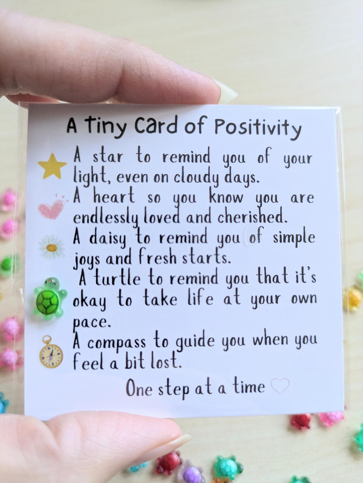 Tiny Card of Positivity with Turtle Figurine - Encouragement, Friendship, Motivational Gift, Cute Mini Card, Personalized Note Option
