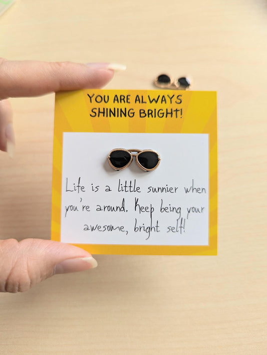 Shine Bright mini note – Uplifting Mini Card with Sunglasses Figurine – Encouragement Gift, Just Because, Motivational. Pocket note, cheer.