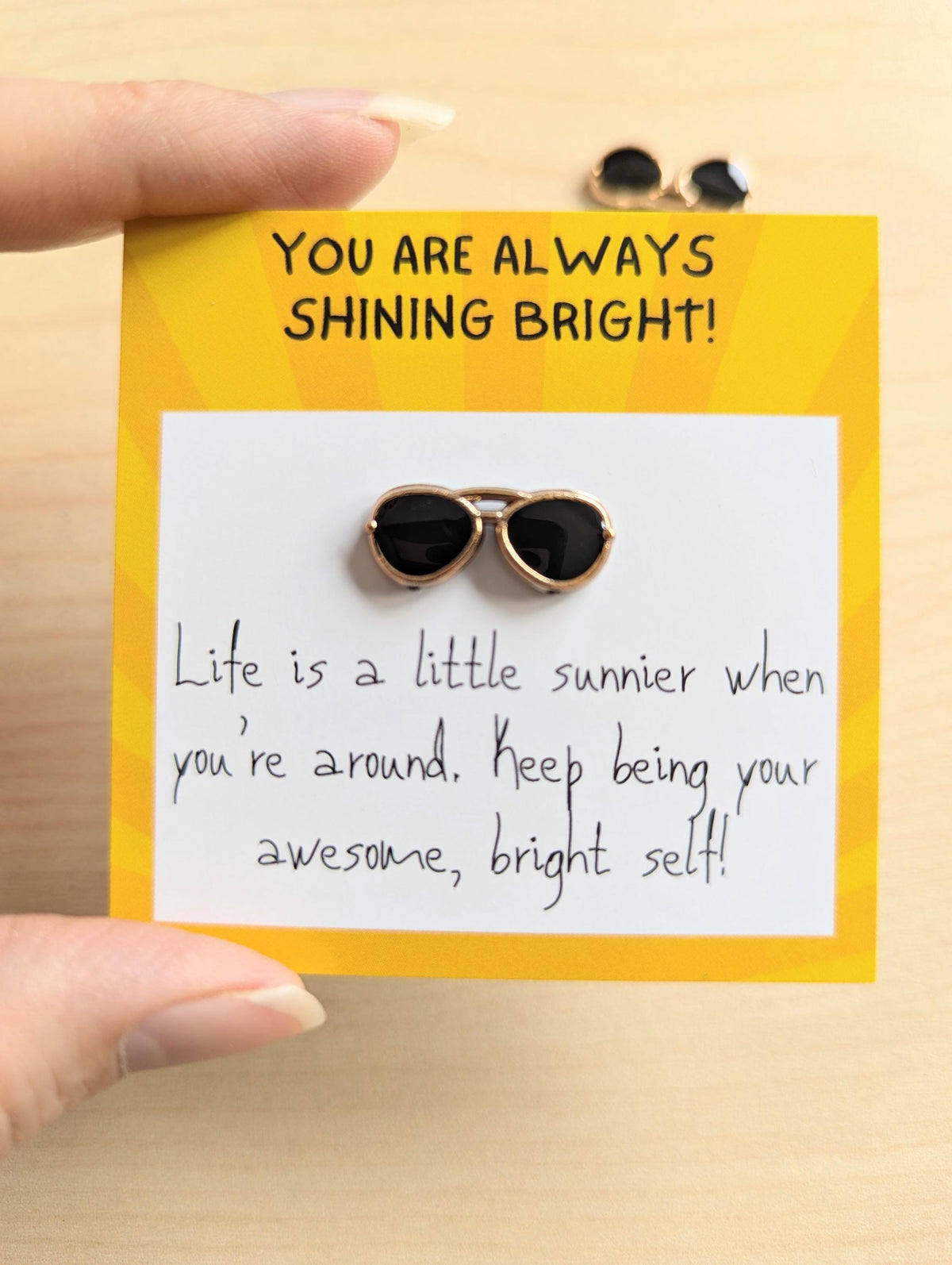 Shine Bright mini note – Uplifting Mini Card with Sunglasses Figurine – Encouragement Gift, Just Because, Motivational. Pocket note, cheer.