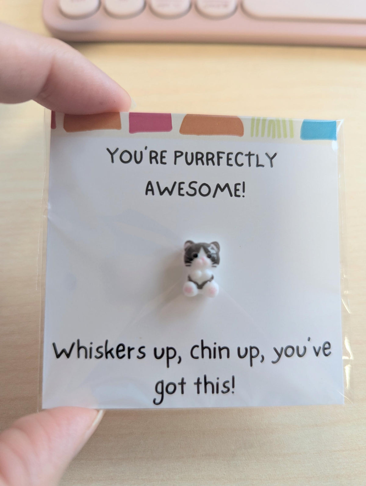You've Got This Card. Uplifting card with Adorable Cat Figurine – 2.6" Square Mini Keepsake, Personalized Message Option