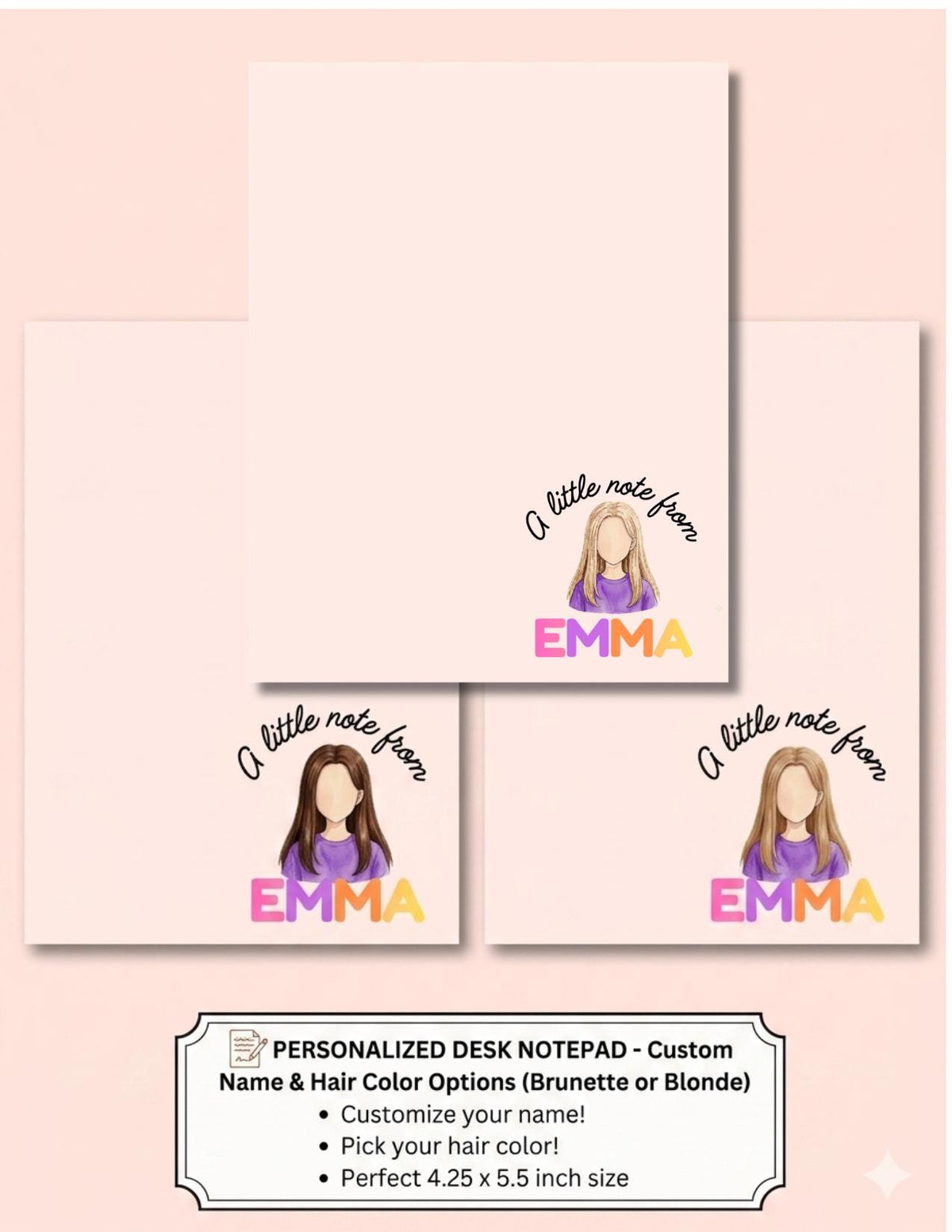 Personalized Name Notepad, Custom Stationery, Gift for Her, Cute Desk Decor, Customized, 4.25 x 5.5, Brunette Blonde Light Brown Hair